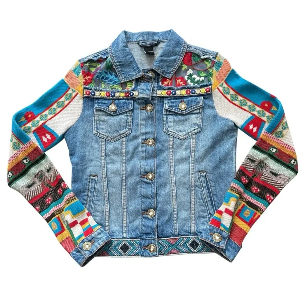 Desigual Fiorella Embroidered Denim Jacket Knitted Sleeves Bohemian Size 4 US - Picture 1 of 13